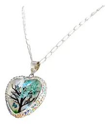 Conjunto Dije Árbol de la Vida Corazón Plata .925 Zirconia Celeste con Cadena - Imagen 3