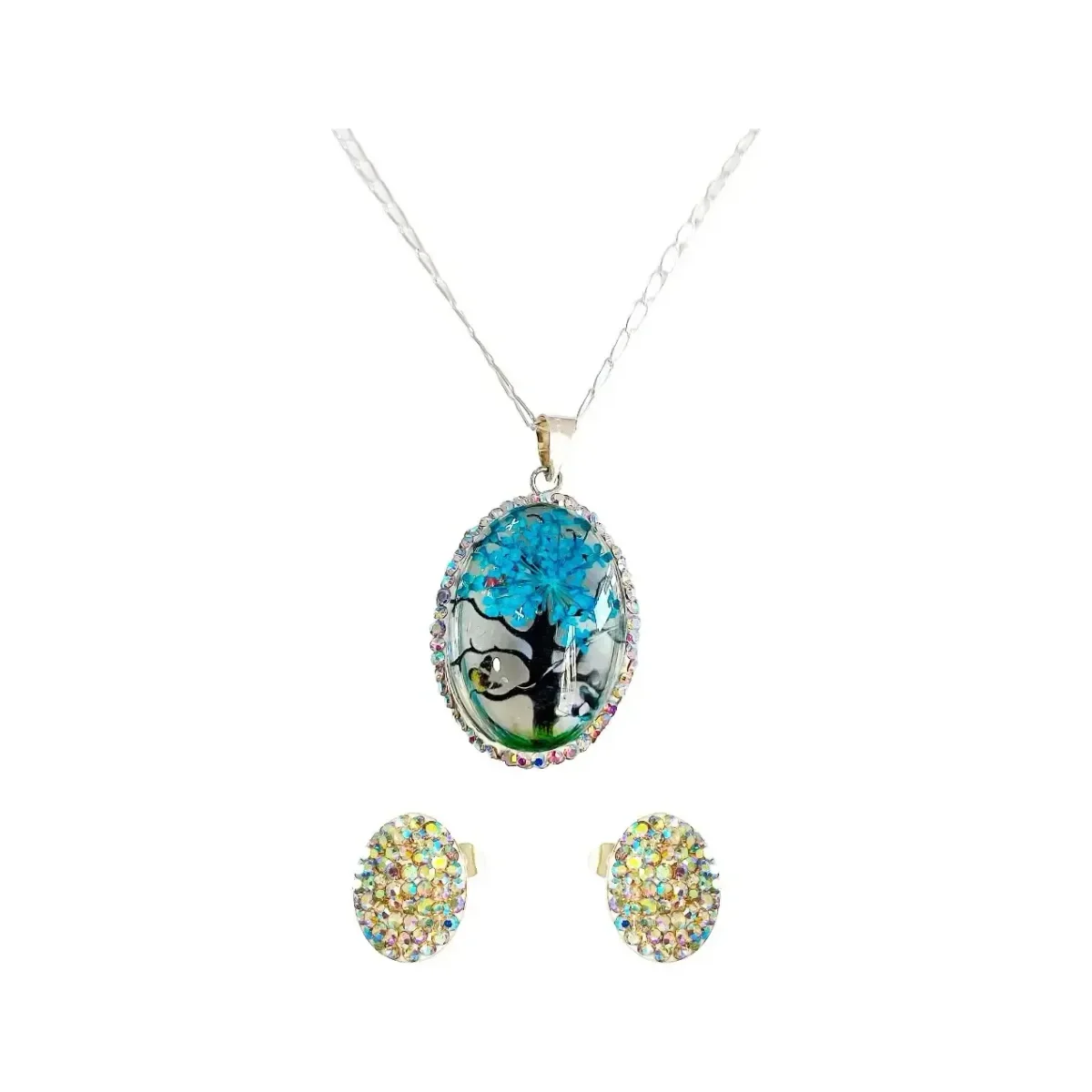 Conjunto Dije Árbol de la Vida oval Plata Ley 925 Zirconia Azul con cadena Figaro, joyería artesanal mexicana, collar chunky