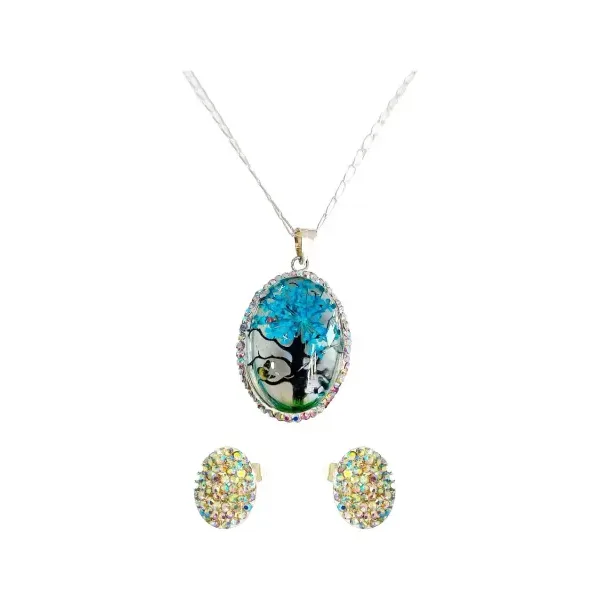 Conjunto Dije Árbol de la Vida Oval Plata Ley 925 Zirconia Azul con Cadena - Imagen 1