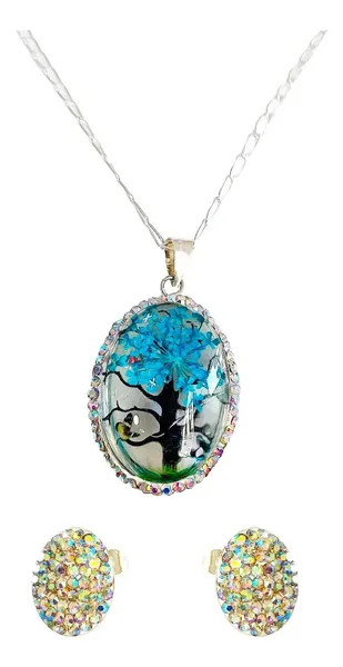 Conjunto Dije Árbol de la Vida Oval Plata Ley 925 Zirconia Azul con Cadena - Imagen 1