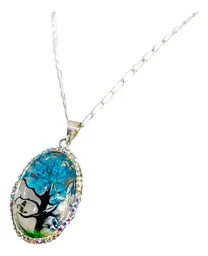 Conjunto Dije Árbol de la Vida Oval Plata Ley 925 Zirconia Azul con Cadena - Imagen 3