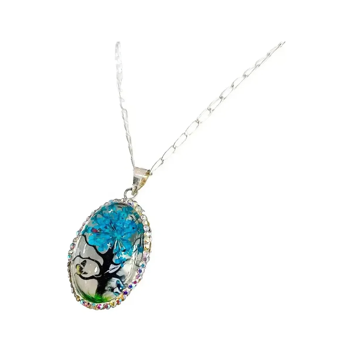 Conjunto Dije Árbol de la Vida Oval Plata Ley 925 Zirconia Azul con Cadena - Imagen 3