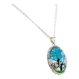 Conjunto Dije Árbol de la Vida Oval Plata Ley 925 Zirconia Azul con Cadena - Imagen 4