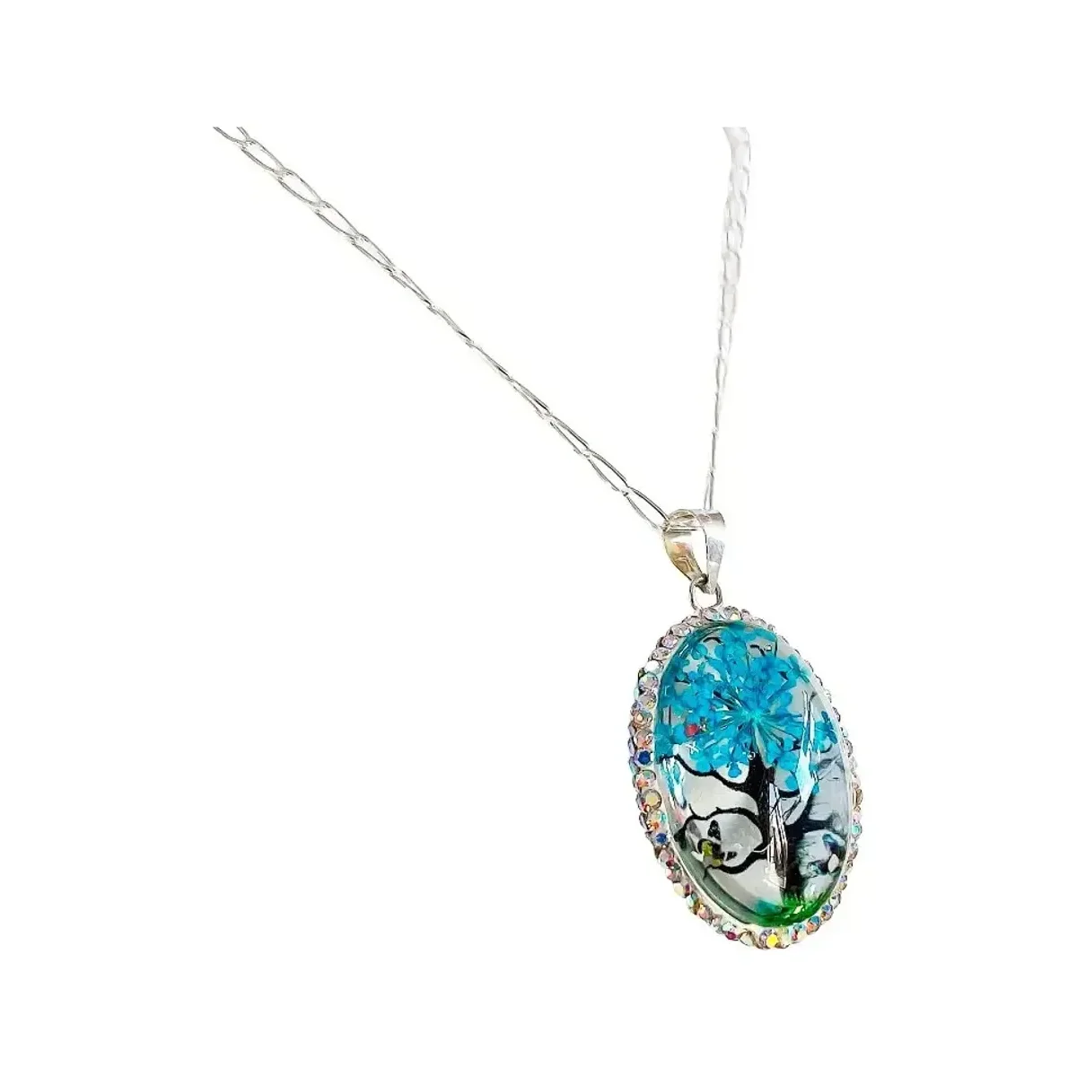 Conjunto Dije Árbol de la Vida Oval Plata Ley 925 Zirconia Azul con Cadena - Imagen 4