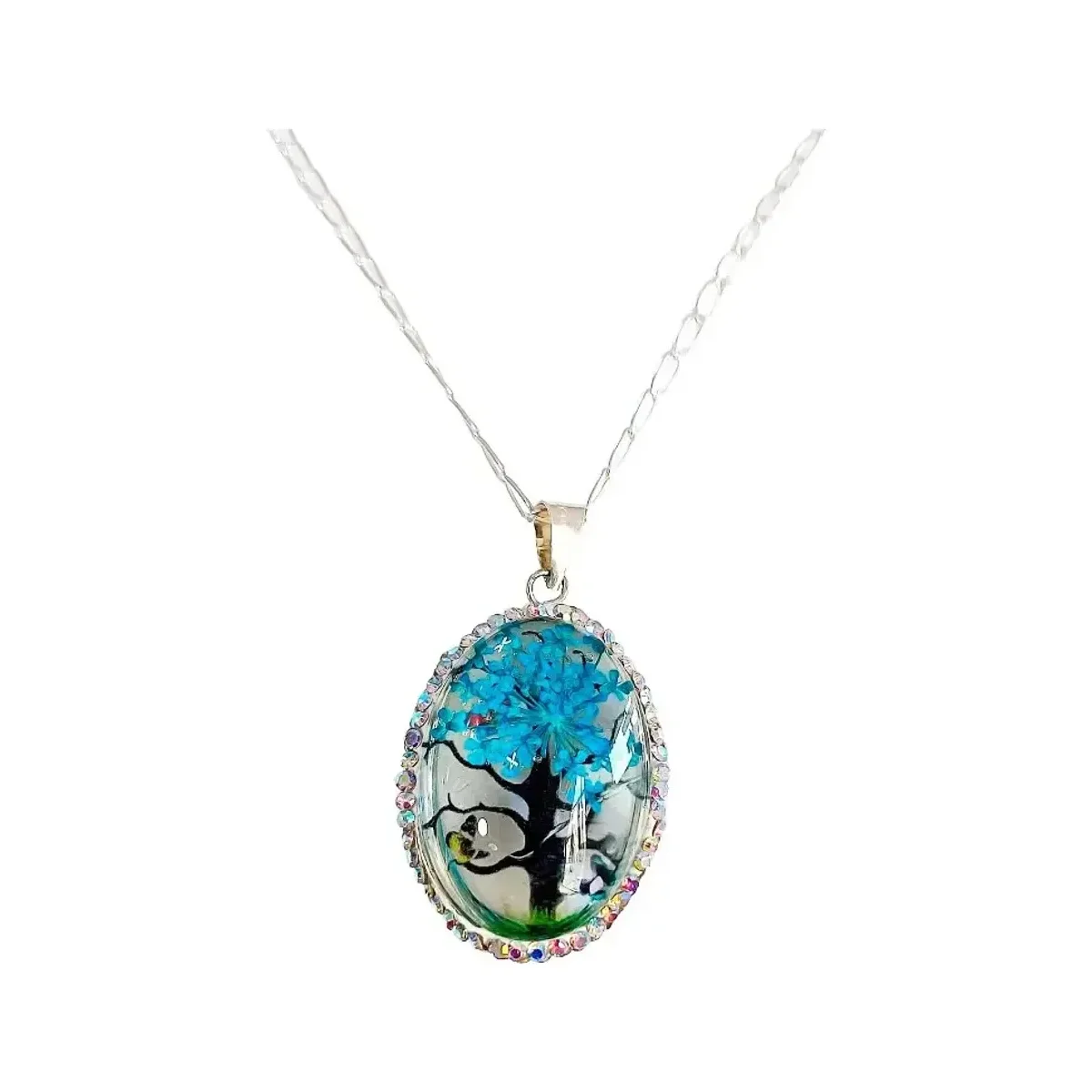 Conjunto Dije Árbol de la Vida Oval Plata Ley 925 Zirconia Azul con Cadena - Imagen 5
