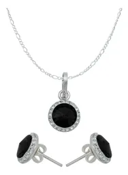 Conjunto Dije Aretes Cadena Plata 925 con Cristales Negros - Imagen 1