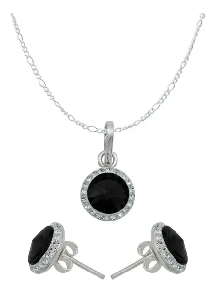 Conjunto Dije Aretes Cadena Plata 925 con Cristales Negros - Imagen 1