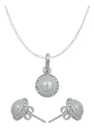 Conjunto Dije Aretes Cadena Plata 925 Cristal Tono Perla Clásico para Mujer - Imagen 1