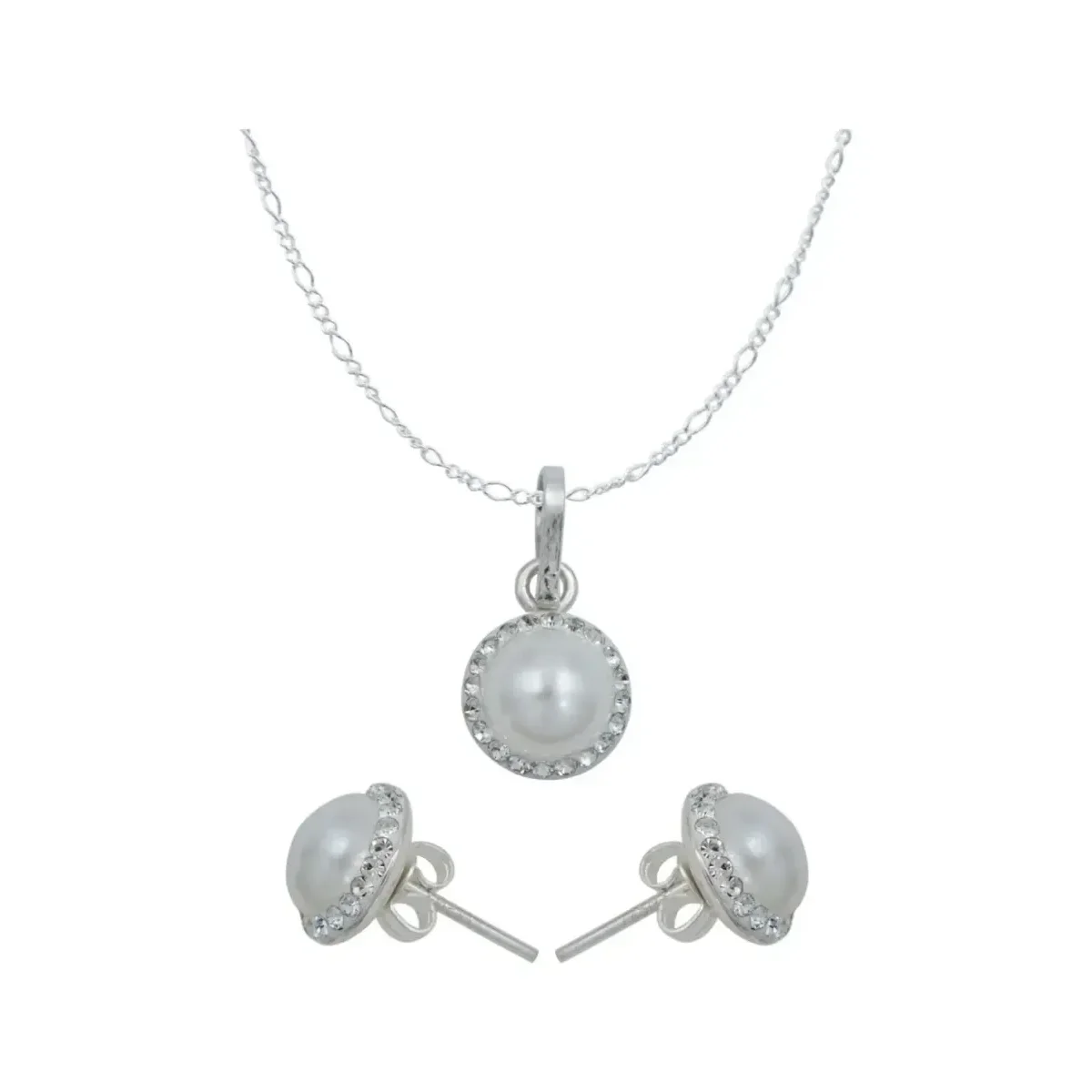 Conjunto Dije Aretes Cadena de Plata 925 con Cristales Tono Perla - Joyería Fina Artesanal Mexicana Joyaris