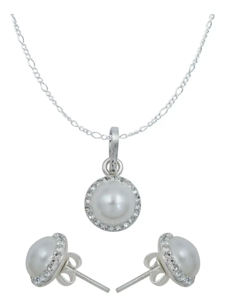 Conjunto Dije Aretes Cadena de Plata 925 con Cristales Tono Perla - Joyería Fina Artesanal Mexicana Joyaris