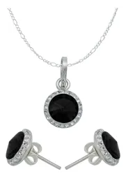 Conjunto Dije Aretes Cadena Plata 925 Cristales Negros para Mujer - Imagen 1