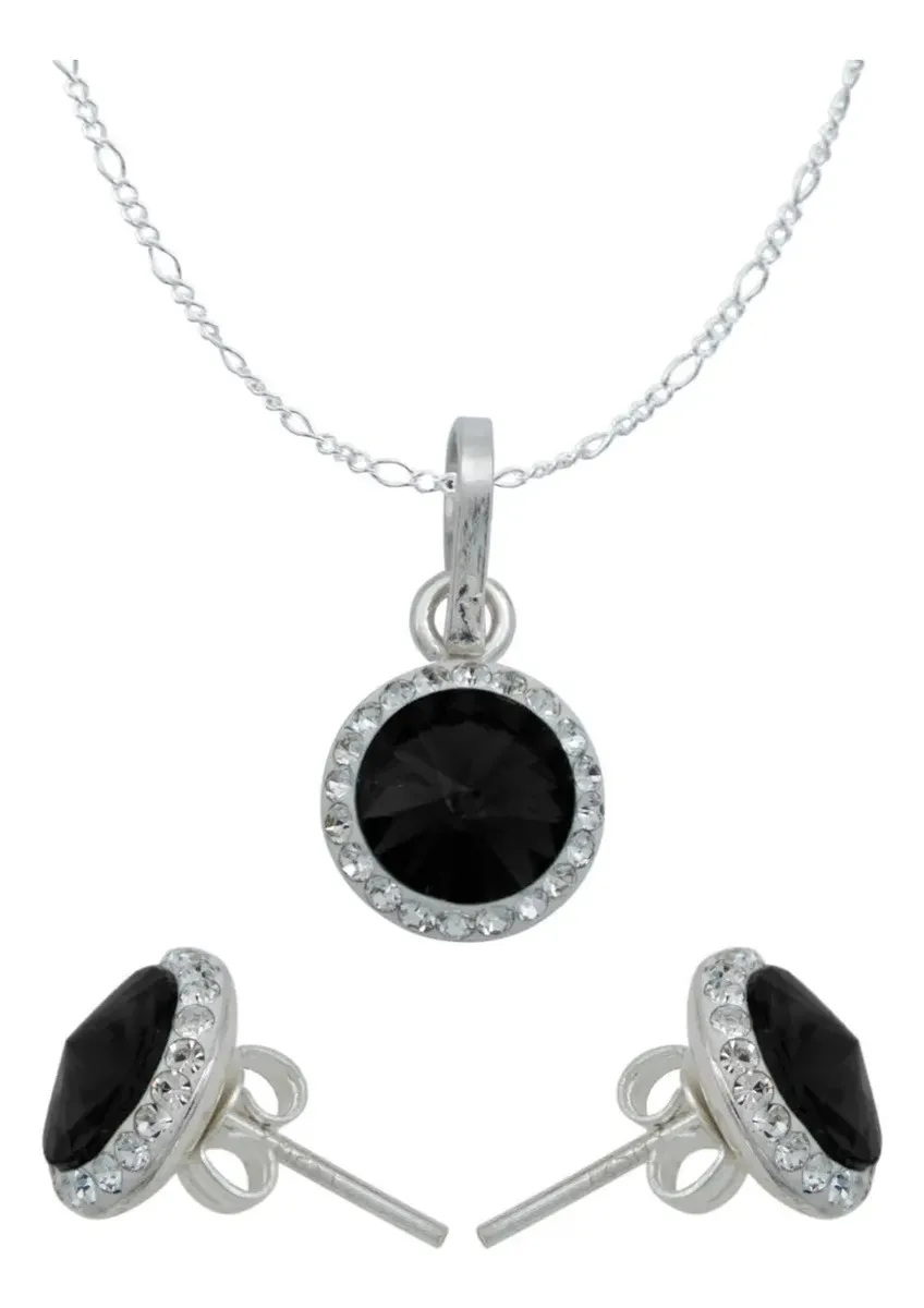 Conjunto Dije Aretes Cadena Plata 925 Cristales Negros - Joyería fina artesanal mexicana Joyaris para mujer