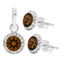 Conjunto Dije Aretes Plata 925 Cristal Café Brillante - Imagen 1