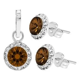 Conjunto Dije Aretes Plata 925 Zirconia Café Brillante - Imagen 1