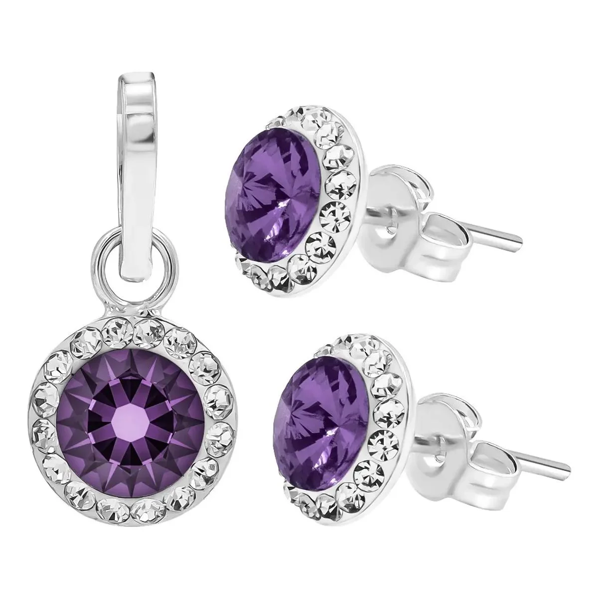 Conjunto dije y aretes plata 925 con zirconia morada. Joyería fina para mamá, diseño elegante y moderno. Regalo Día de la Mad