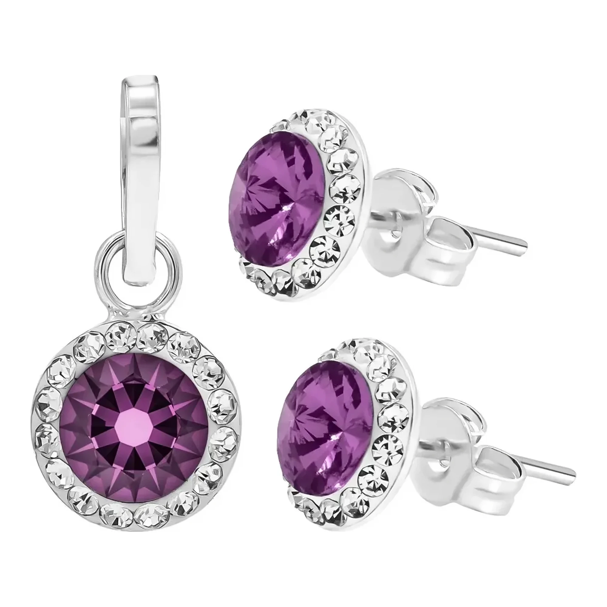 Juego dije y aretes plata .925 con cristal violeta morado corte brillante, cadena Figaro y broche bandola para mujer
