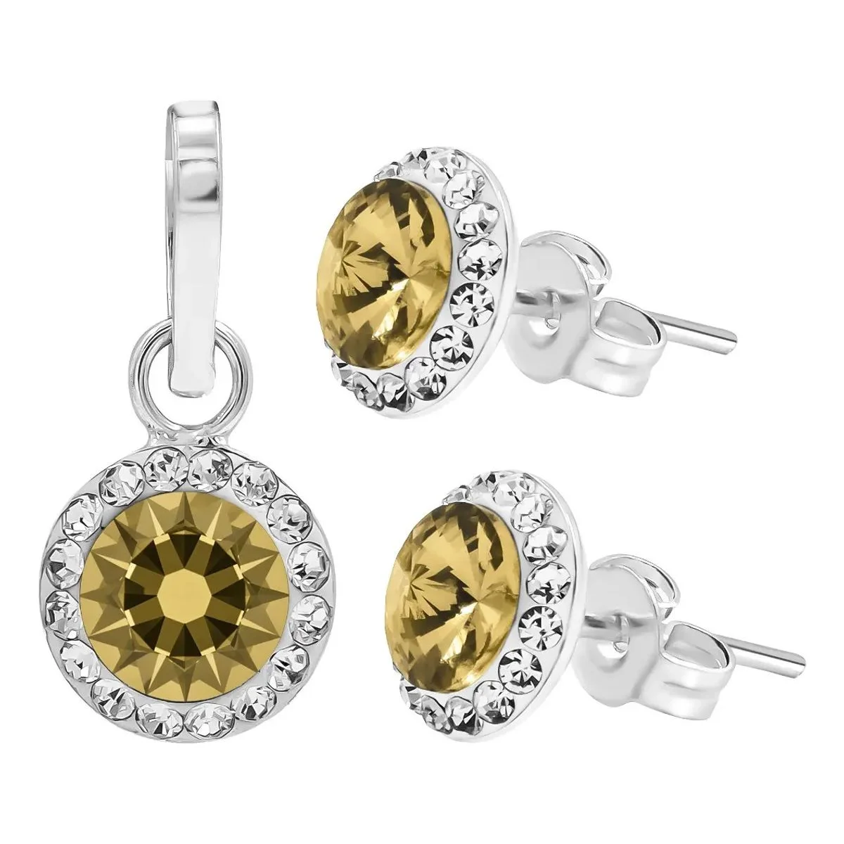 Set de joyería Dije y Aretes Plata .925 Zirconias Amarillas, diseño clásico, joyería de plata mexicana, gemas de colores