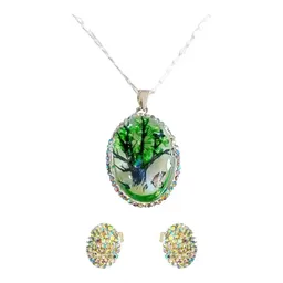 Conjunto Dije Cadena Plata 925 Árbol de la Vida Oval con Zirconia Verde - Imagen 1
