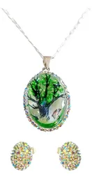 Conjunto Dije Cadena Plata 925 Árbol de la Vida Oval con Zirconia Verde - Imagen 1