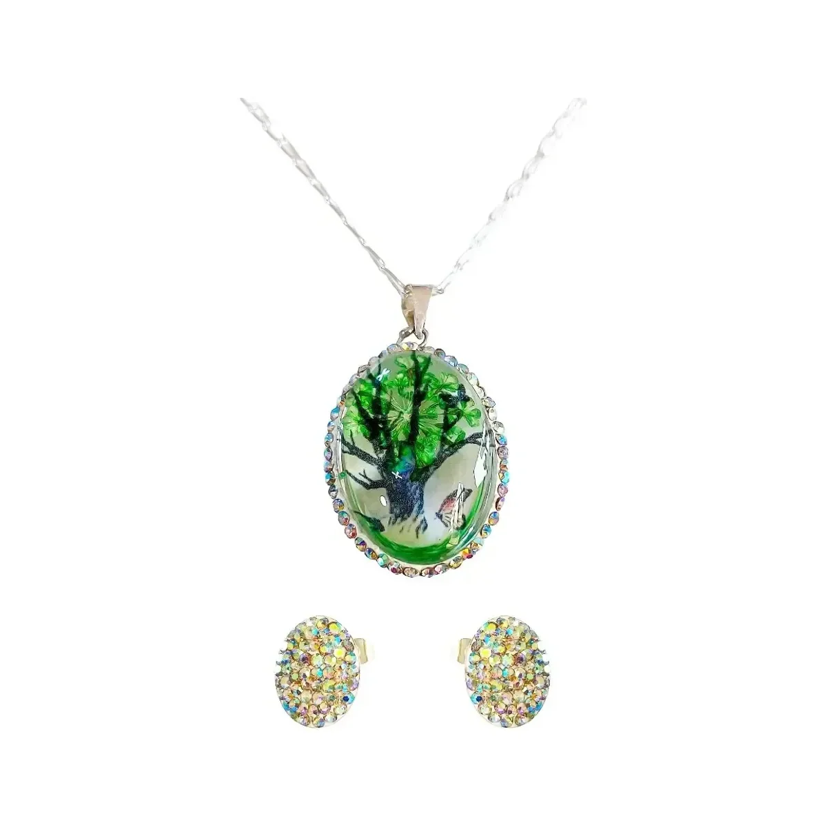 Conjunto Dije Cadena Plata .925 Árbol de la Vida Oval con Zirconia Verde. Joyería artesanal mexicana con símbolos ancestrales