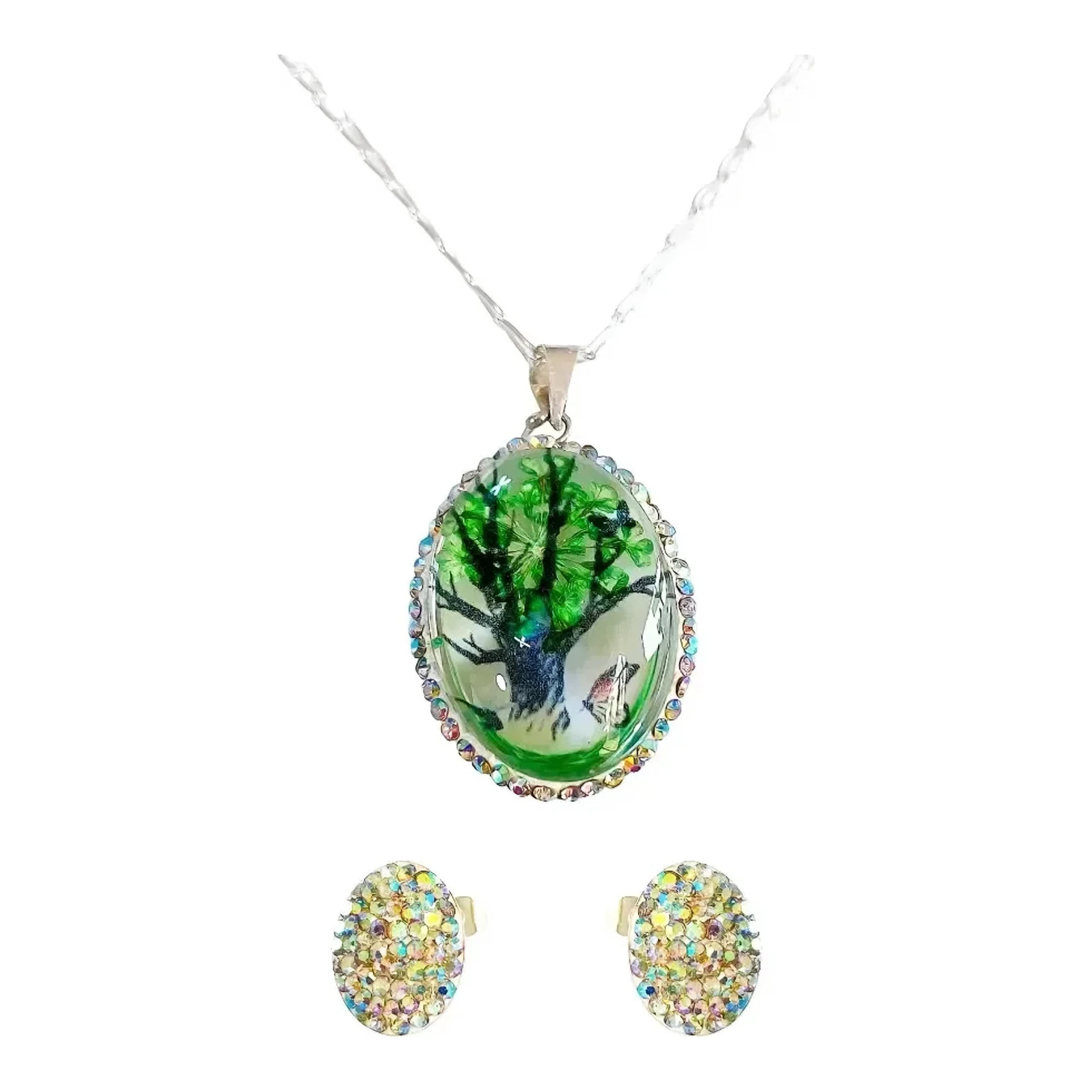 Dije arbol de la vida con cadena Figaro plata 925 nacional oval zirconia verde encapsulada con aretes juego de joyeria fina