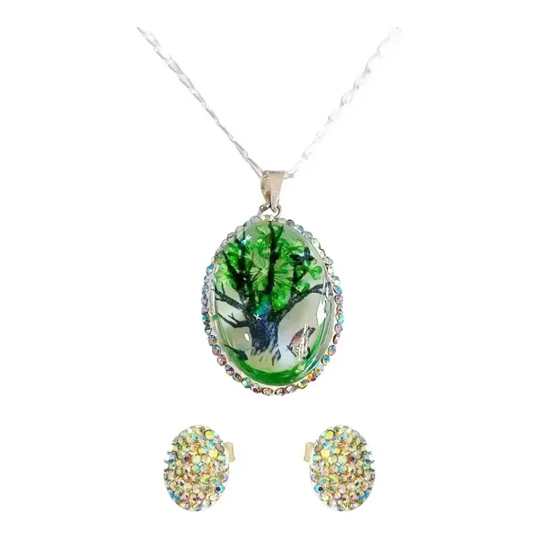 Conjunto Dije Cadena Plata 925 Árbol de la Vida Oval con Zirconia Verde - Imagen 1