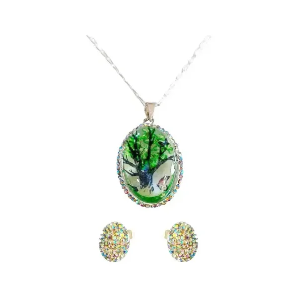 Conjunto Dije Cadena Plata 925 Árbol de la Vida Oval con Zirconia Verde - Imagen 1