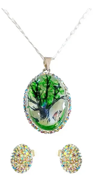 Conjunto Dije Cadena Plata 925 Árbol de la Vida Oval con Zirconia Verde - Imagen 1