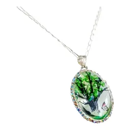 Conjunto Dije Cadena Plata 925 Árbol de la Vida Oval con Zirconia Verde - Imagen 3