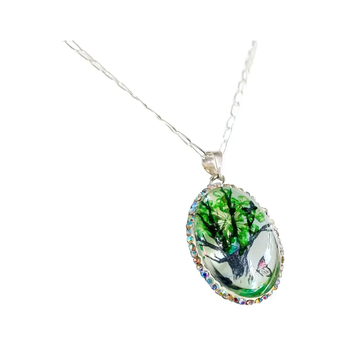 Conjunto Dije Cadena Plata 925 Árbol de la Vida Oval con Zirconia Verde - Imagen 3