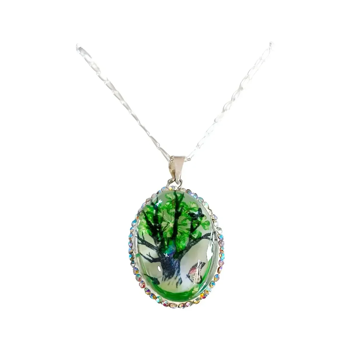 Conjunto Dije Cadena Plata 925 Árbol de la Vida Oval con Zirconia Verde - Imagen 4