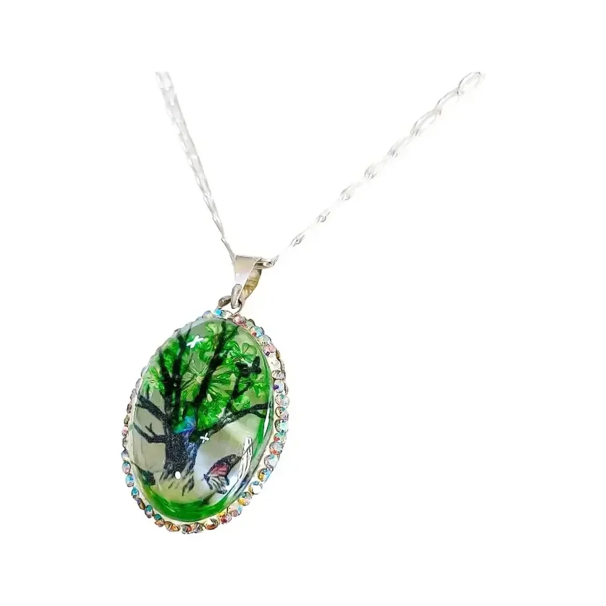 Conjunto Dije Cadena Plata 925 Árbol de la Vida Oval con Zirconia Verde - Imagen 5