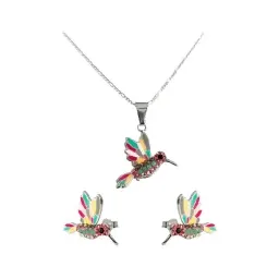 Conjunto Dije Colibrí Plata 925 Zirconia Fucsia con Cadena - Imagen 1