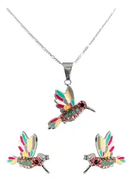 Conjunto Dije Colibrí Plata 925 Zirconia Fucsia con Cadena - Imagen 1