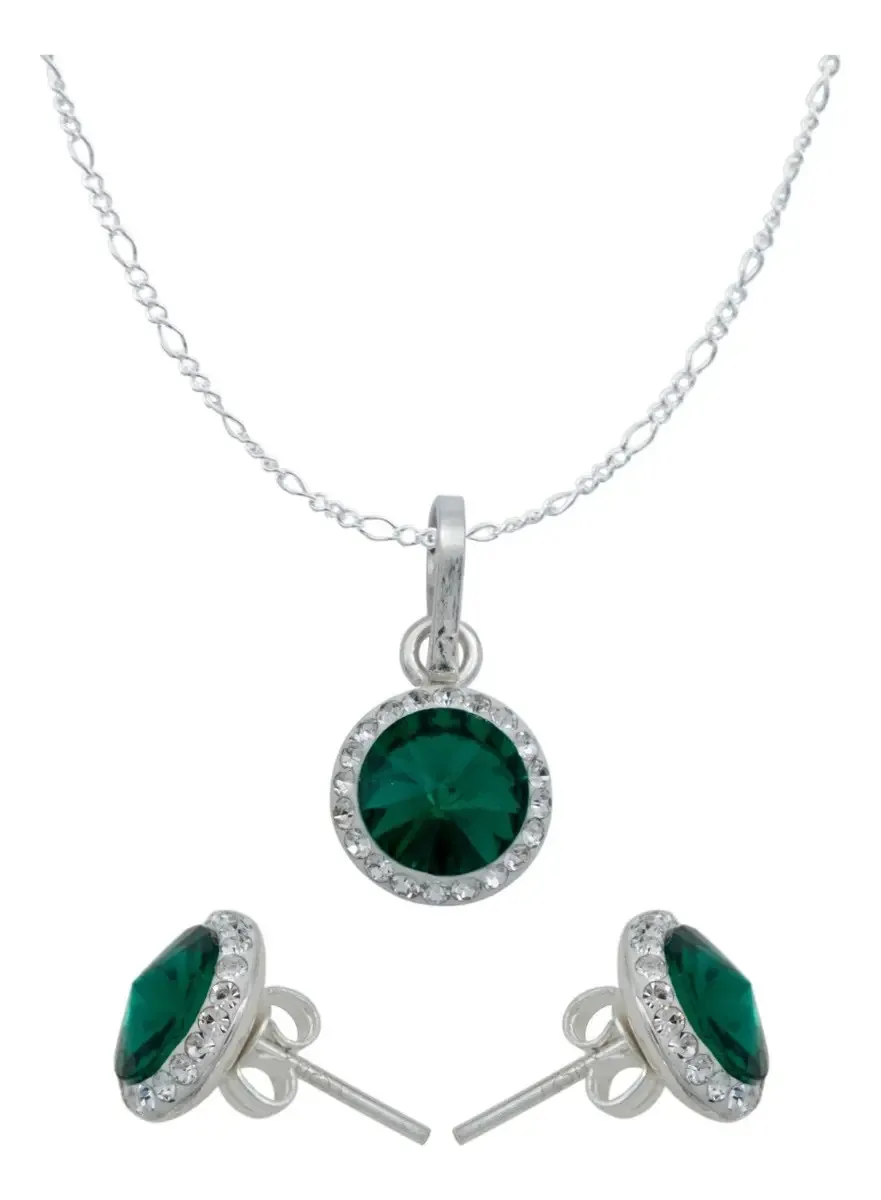 Conjunto dije collar y aretes de plata .925 con cristal verde para mujer - Joyaris joyería fina mexicana
