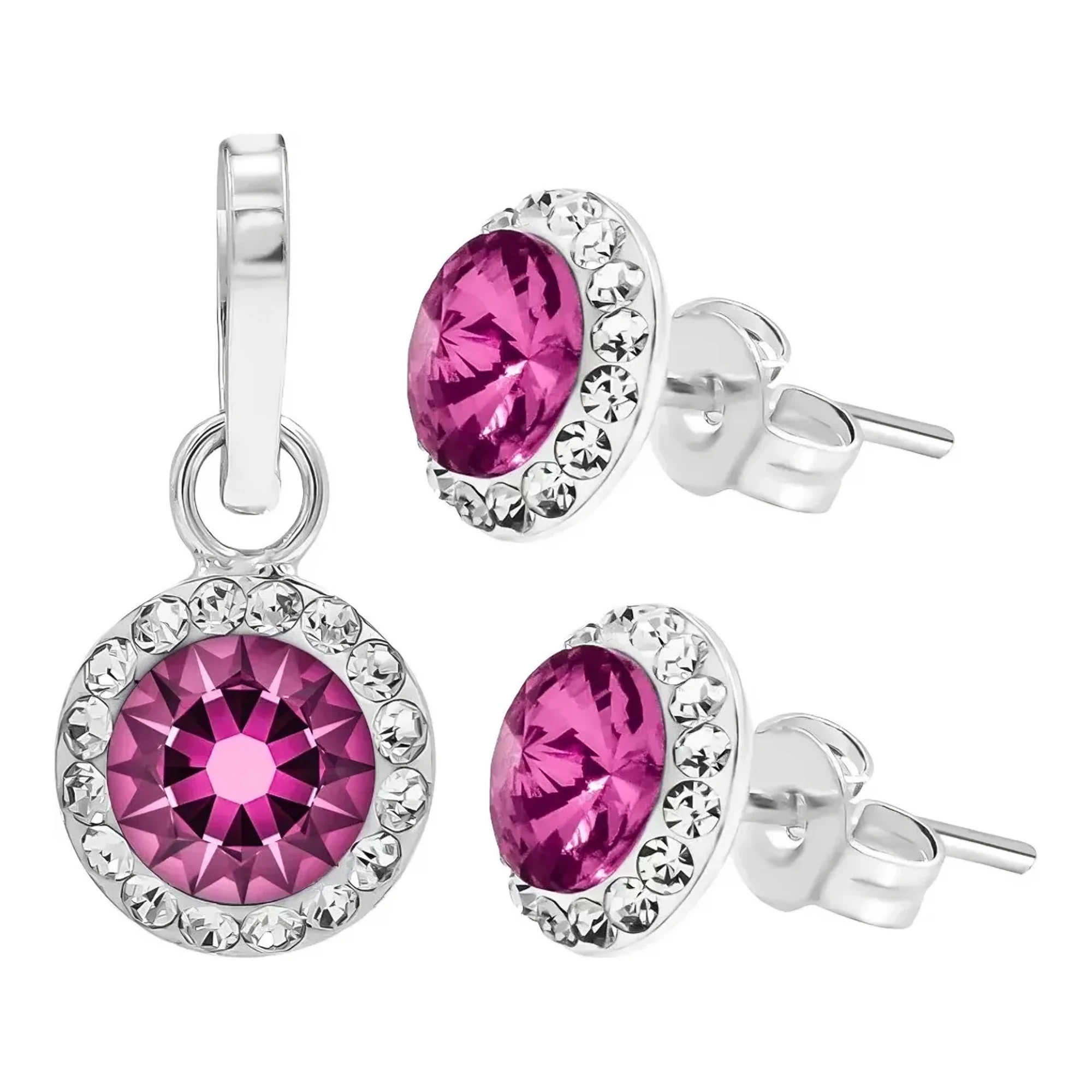 Juego de aretes y dije con cristal rosa fucsia en auténtica plata ley .925 mexicana con cadena Figaro de 50 cm para mujer