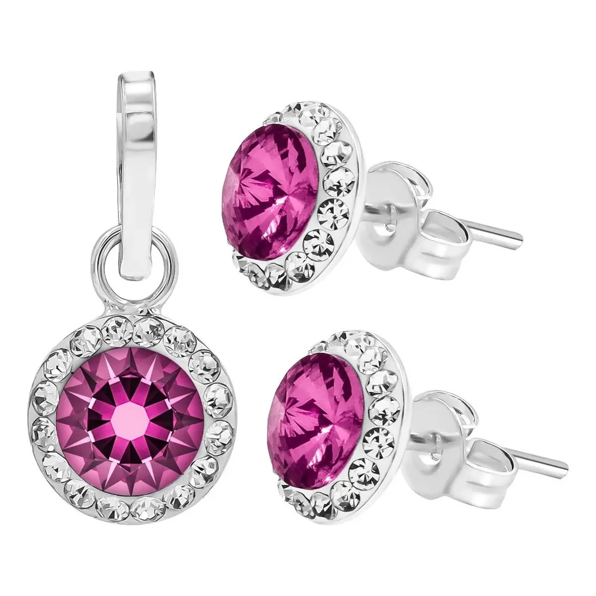 Conjunto Dije y Aretes Plata Ley .925 artesanal mexicana con brillante Zirconia Fucsia. Joyería duradera con significado.