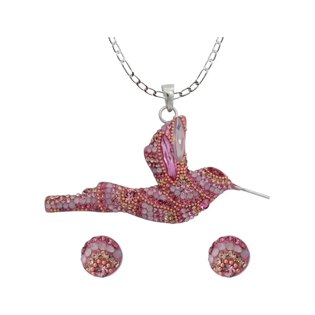 Conjunto Dije y Cadena Colibrí Plata .925, piedrería multicolor vibrante. Joyería de plata mexicana, colgante minimalista par
