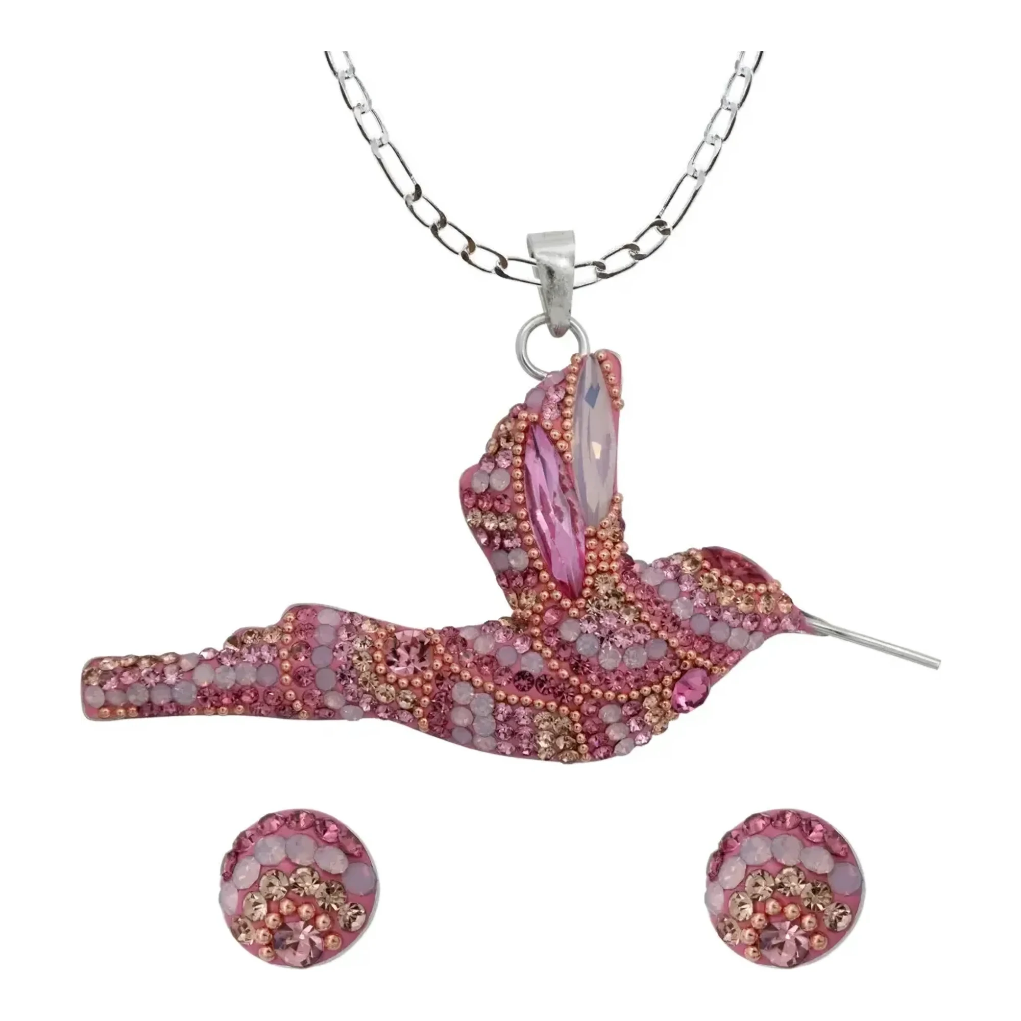 Conjunto dije y cadena colibrí plata .925 con zirconias multicolor incrustadas y cadena tejido Figaro broche bandola mujer