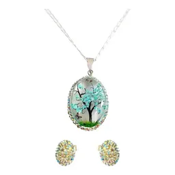 Conjunto Dije y Cadena Plata 925 Árbol de la Vida Oval Zirconia Celeste - Imagen 1