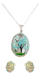 Conjunto Dije y Cadena Plata 925 Árbol de la Vida Oval Zirconia Celeste - Imagen 1