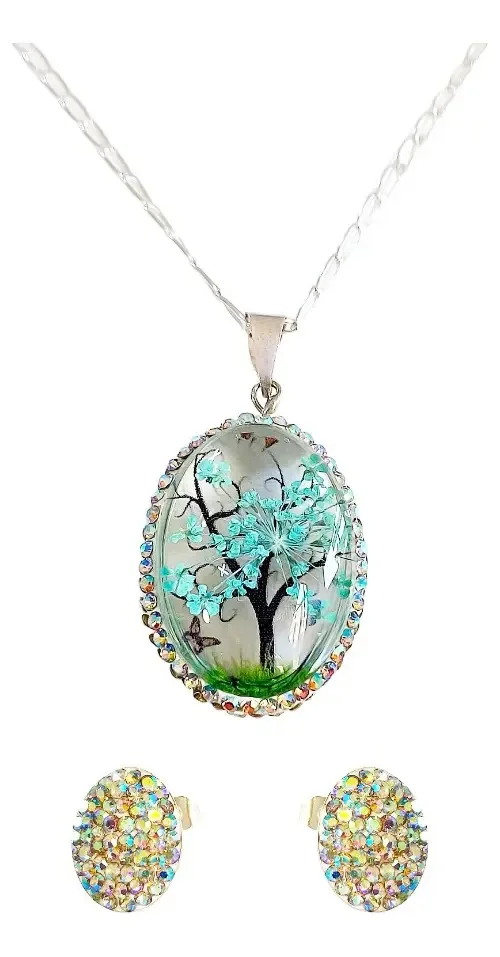 Conjunto Dije y Cadena Plata 925 Árbol de la Vida Oval Zirconia Celeste - Joyaris joyería fina mexicana