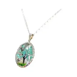 Conjunto Dije y Cadena Plata 925 Árbol de la Vida Oval Zirconia Celeste - Imagen 4