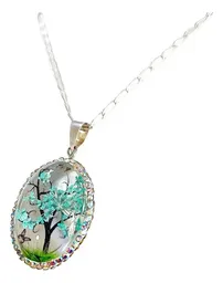 Conjunto Dije y Cadena Plata 925 Árbol de la Vida Oval Zirconia Celeste - Imagen 4