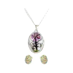 Conjunto Dije y Cadena Plata 925 Árbol de la Vida Oval Zirconia Morada - Imagen 1