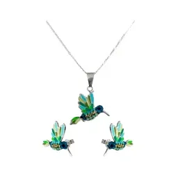 Conjunto Plata 925 Colibrí Zirconia Verde con Cadena - Imagen 1