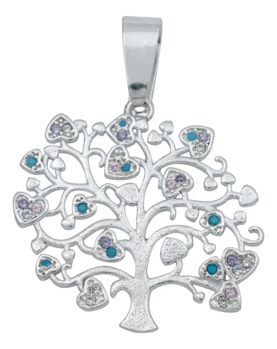 Dije Árbol Vida Corazones Plata 925 Zirconia Multicolor, joyería mexicana con significado. Regalo Mamá, diseño delicado atemp