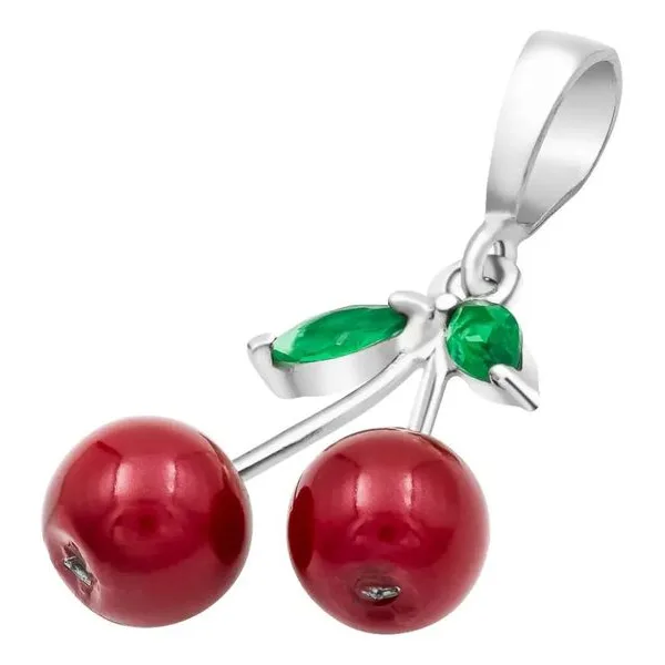 Dije Cereza Plata .925 Esmaltado Rojo y Verde - Imagen 1