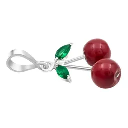 Dije Cereza Plata .925 Esmaltado Rojo y Verde - Imagen 3