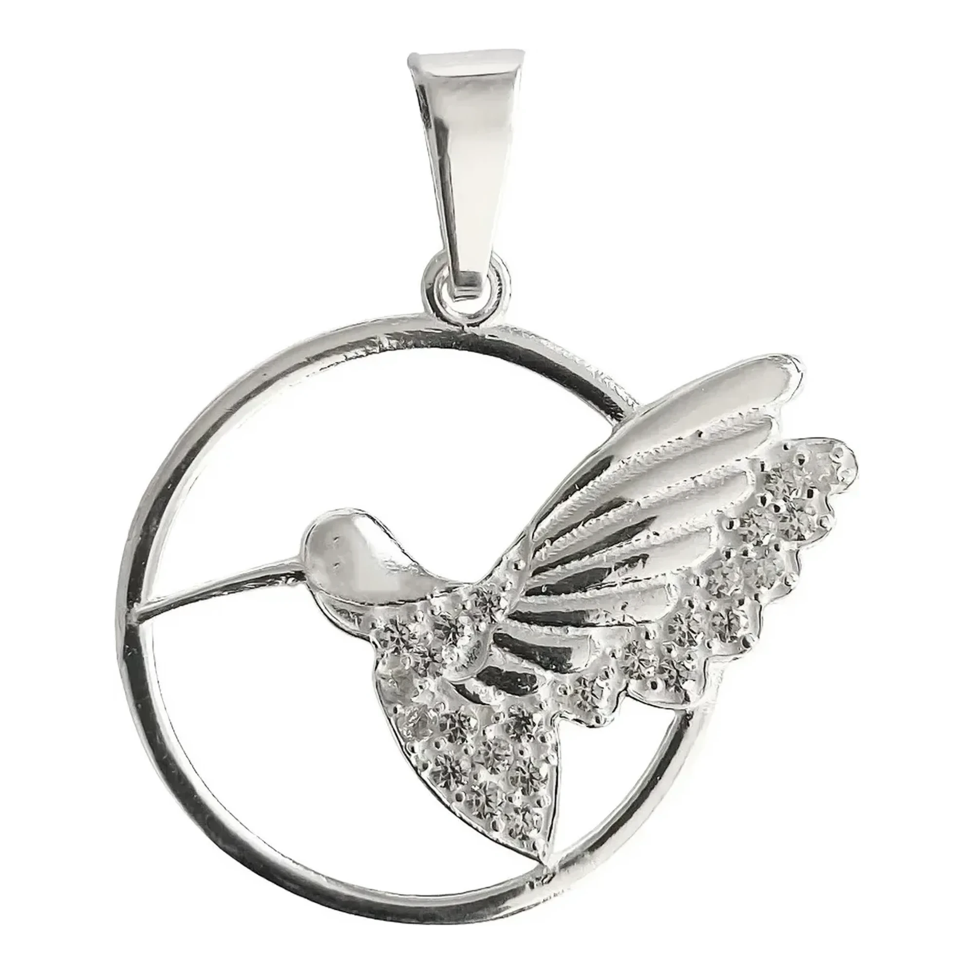Dije colibri circulo plata ley .925 con incrustacion de zirconia brillante transparente sobre montura pulida para mujer
